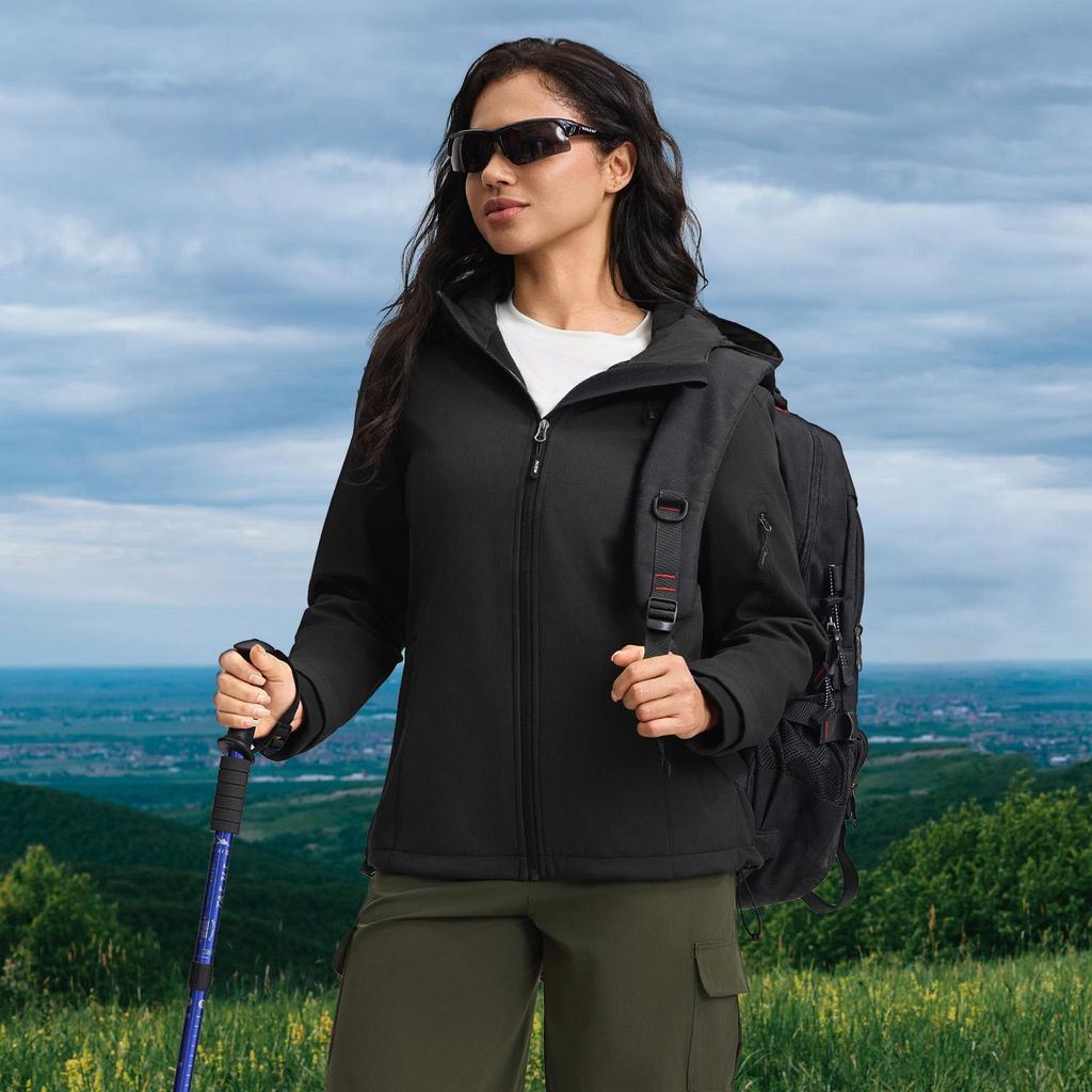 BUBW Damen Softshell Jacke mit Kapuze (schwarz M), wasserdicht winddicht, elastisch warm mit Kationengewebe für Outdoor Aktivitäten