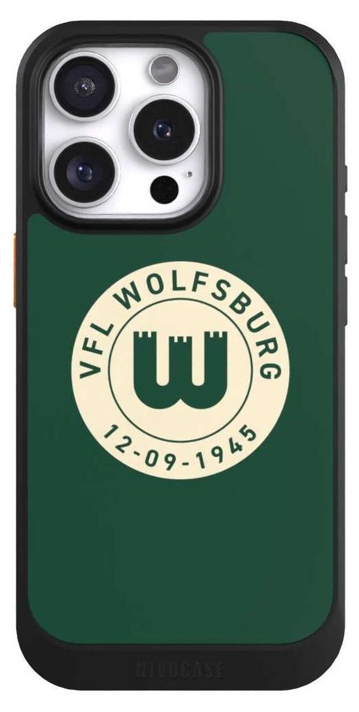 NIVOCASE Hülle für Apple iPhone 16 Pro Handyhülle NIVOcore Case Schwarz Offizielles Lizenzprodukt VfL Wolfsburg 80 Jahre