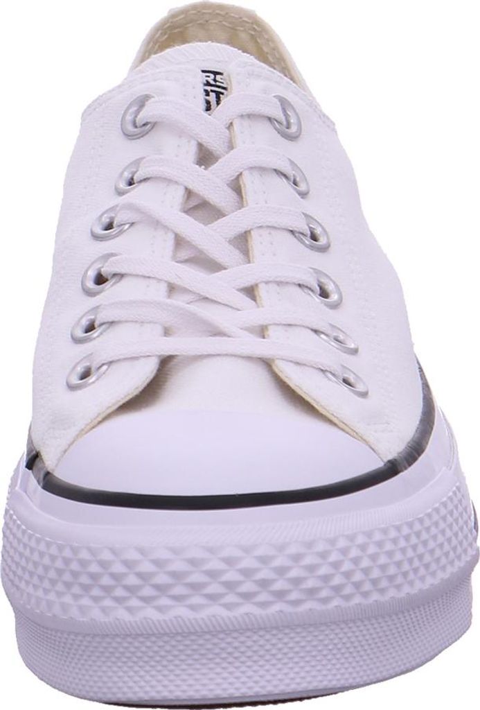 A close-up front view of a white Converse sneaker.