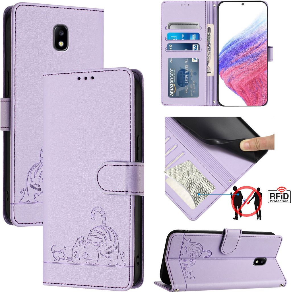 Leder Hülle für Samsung Galaxy J5 2017 Süße Katze Flip Case Brieftasche Schutzhülle mit Standfunktion Lila