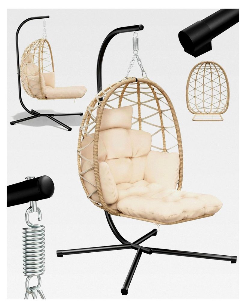 Hängesessel mit Gestell und Fußstütze, Hängekorb Sessel, Hängestuhl aus Rattan für Innen- und Außenbereich, Hängeschaukel, Egg Chair für G...