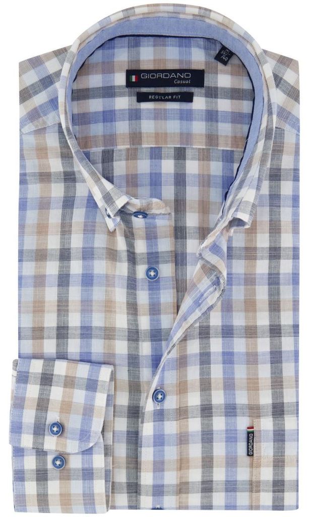 Hemd Giordano Regular Fit blau beige kariert Baumwolle