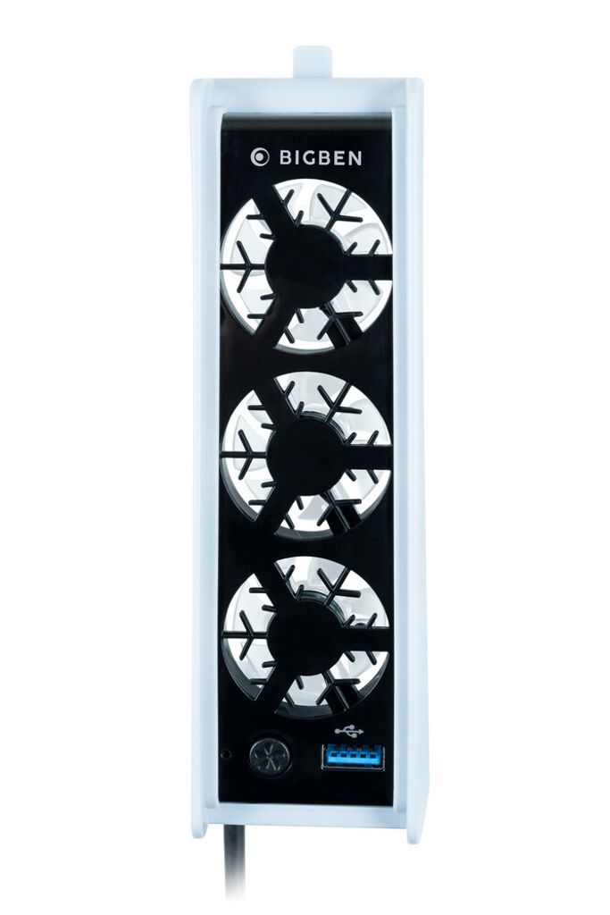 A product shot of a white and black fan accessory for a gaming console.