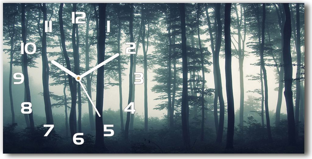 Wanduhr aus Glas – 60x30 cm - Glasbild - Glasuhr - Gehärtetes Glas - weisse-zeiger - Wald im Nebel