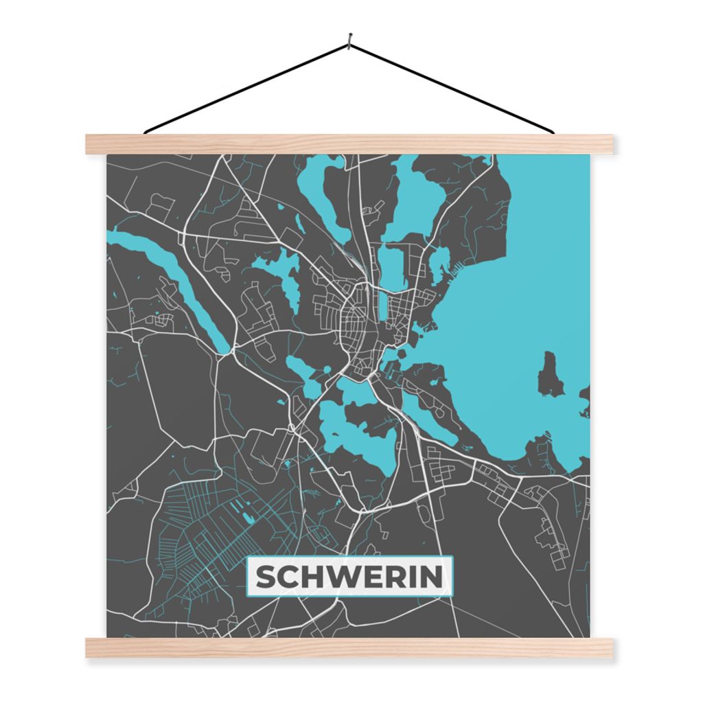 MuchoWow Textilposter Stadtplan - Schwerin - Deutschland - Karte 60x60 cm mit holzfarbenen Rahmen - Wanddekoration