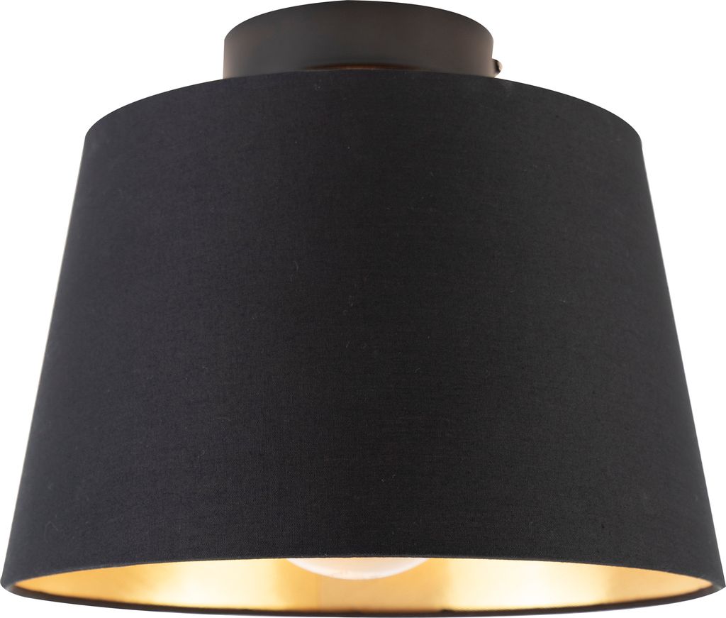 QAZQA - Klassisch I Antik Deckenleuchte I Deckenlampe I Lampe I Leuchte mit Baumwollschirm schwarz mit Gold I Messing 25 cm - Combi schwarz I Wohnz...