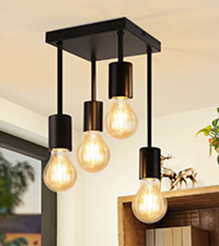 ZMH Deckenlampe 4 Flammig Vintage Schwarz E27 Küchenlampe Metall Hängend Industrial Deckenspots für küche Flur Wohnzimmer Bar (ohne Leuchtmittel)