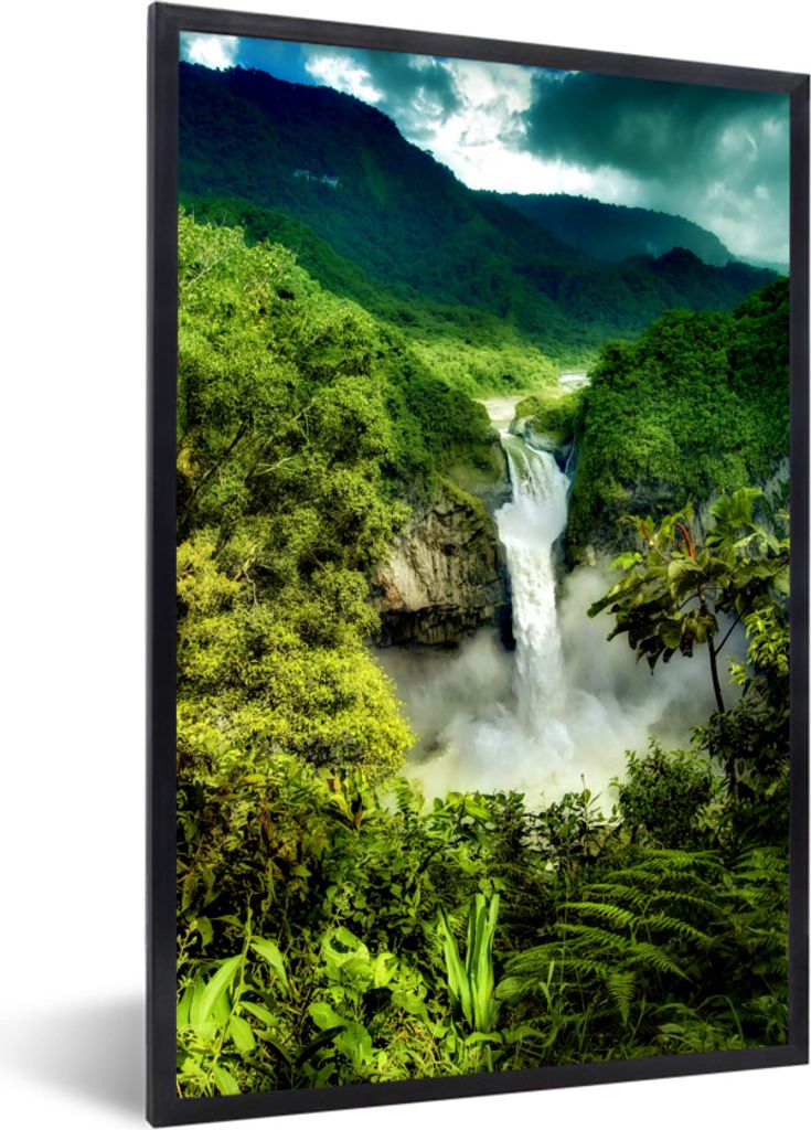 MuchoWow MuchoWow Gerahmtes Poster Wasserfall - Berge - Dschungel 40x60 cm - Poster mit zchwarzem Bilderrahmen - Papierdruck - Wandbilder