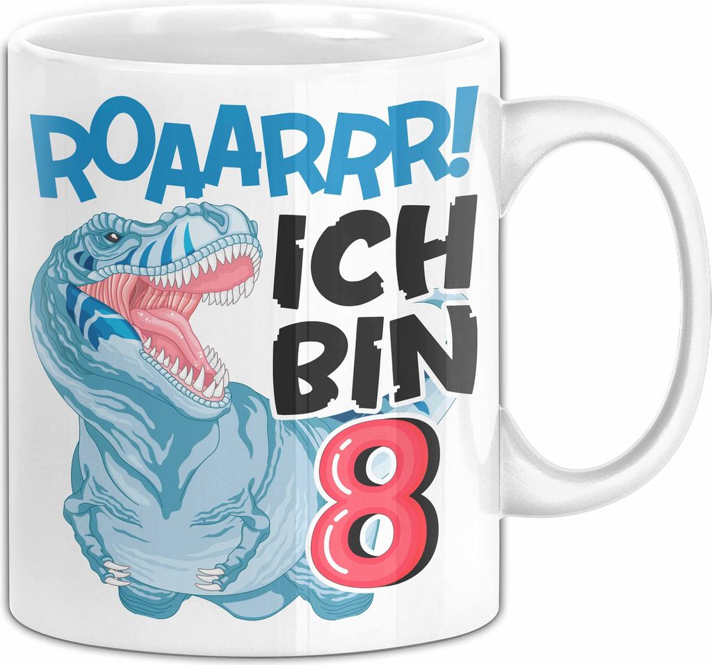 8. Geburtstag Geschenk Tasse Becher Jungs Dino T-Rex Roaarrr Ich Bin 8 (Weiß)