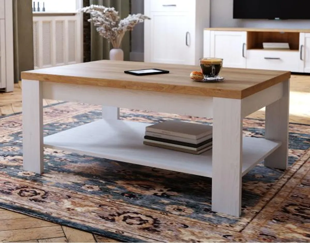 Table basse Bohol rectangle en chêne blanc et beige 100x60cm