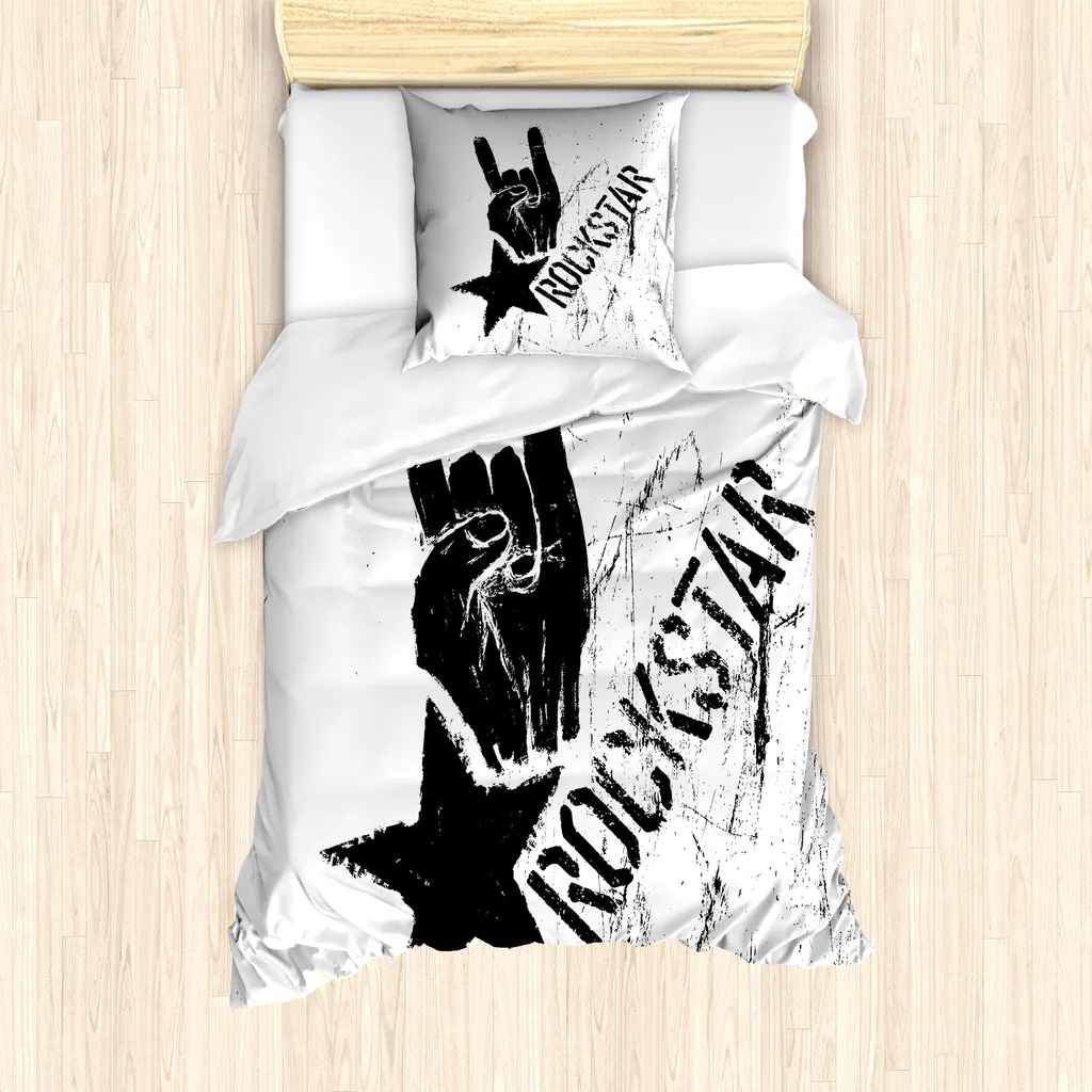 Parure de lit 1 personne Gris et Noir Étoile Grunge en Tissu Respirant