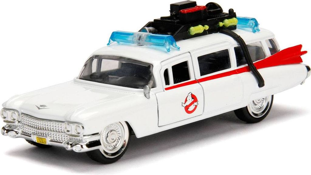 A die-cast model of the Ghostbusters ECTO-1 car.