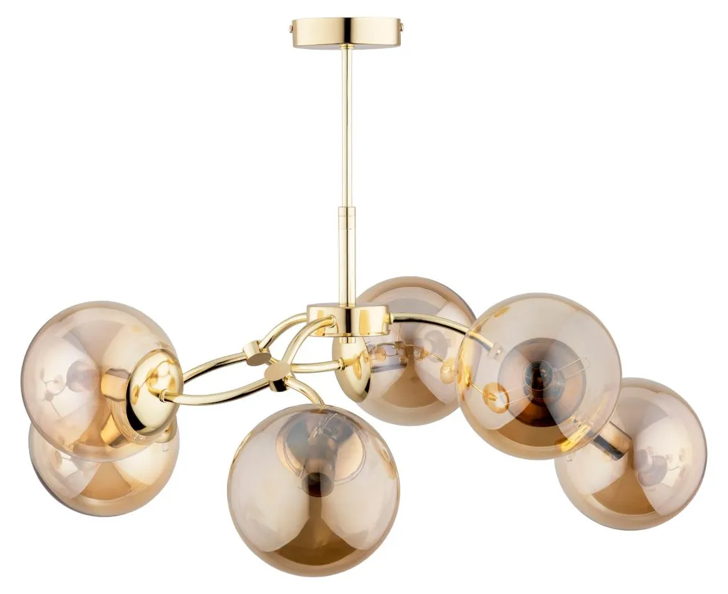 Suspension design 6 lampes boules ambrées et métal laiton doré