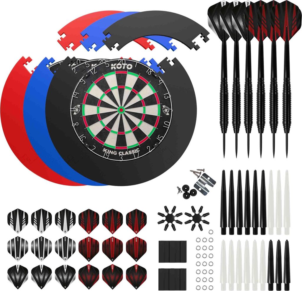 KOTO - King Classic Edition Dartscheibe Rot Incl. Surround & Accessory Kit Steeltip 90 Stücks, 2 Sets Dartpfeile 23 G, 6x3 Flights, 6x3 Shafts
