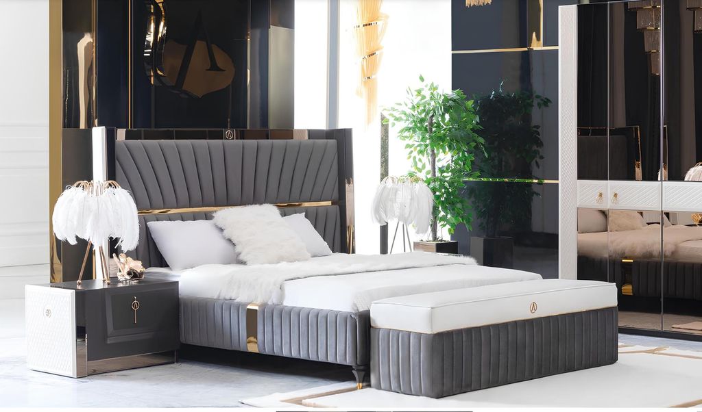 Luxus Bett 180x200cm mit Holz Kopfteil und 2 Nachttischen Italienische Möbel Neu