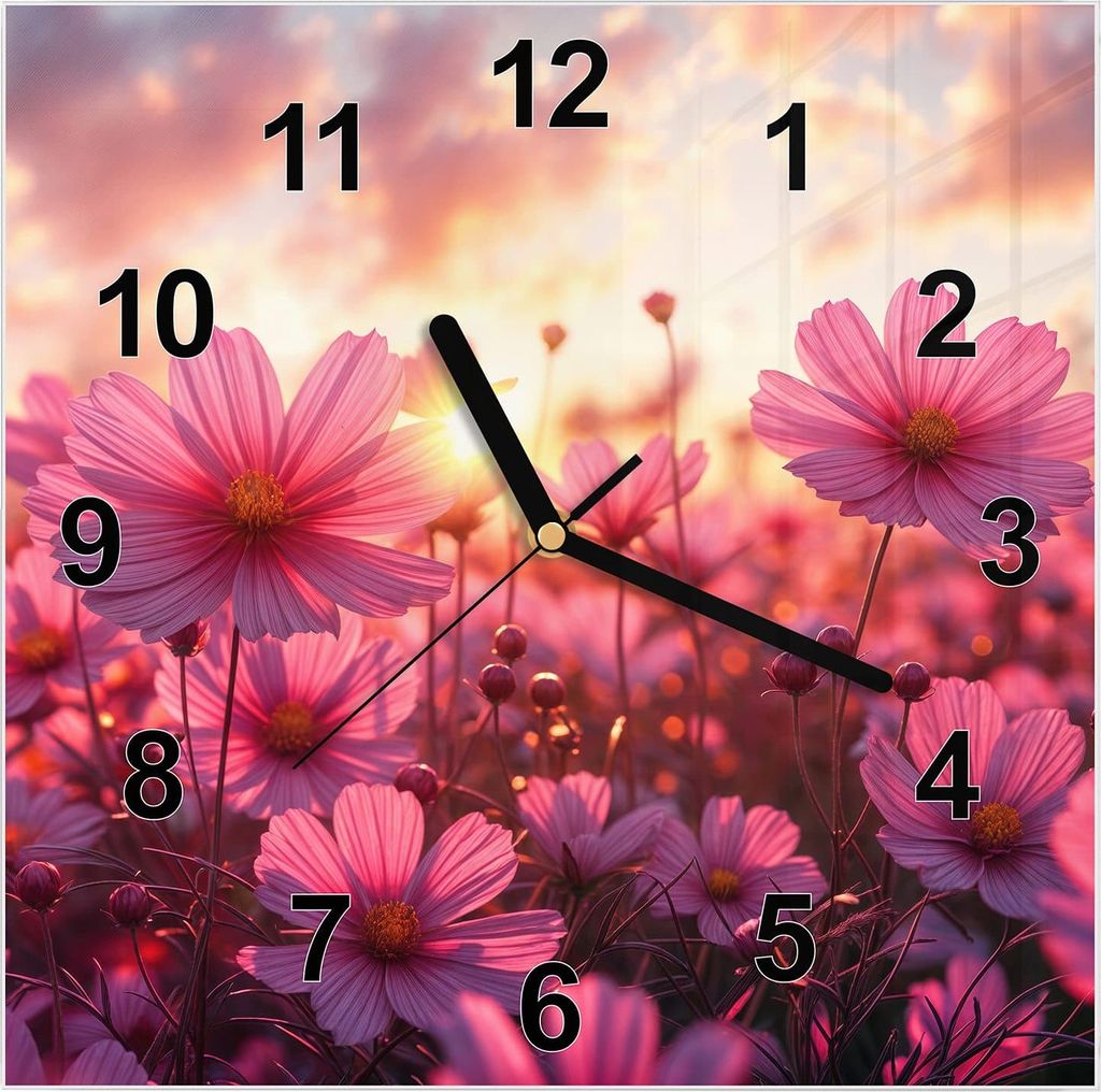 Wanduhr aus Glas mit Motiv Blumenfeld Sonnenuntergang- 30 x 30 cm - inkl. Aufhängesystem
