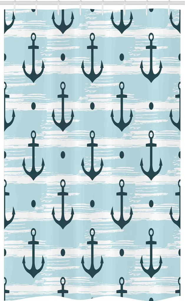 ABAKUHAUS Ancoraggio Tenda da doccia stretta, motivo con ancora, set decorativo per bagno in tessuto con ganci, 120 x 180 cm, azzurro pallido verde scuro