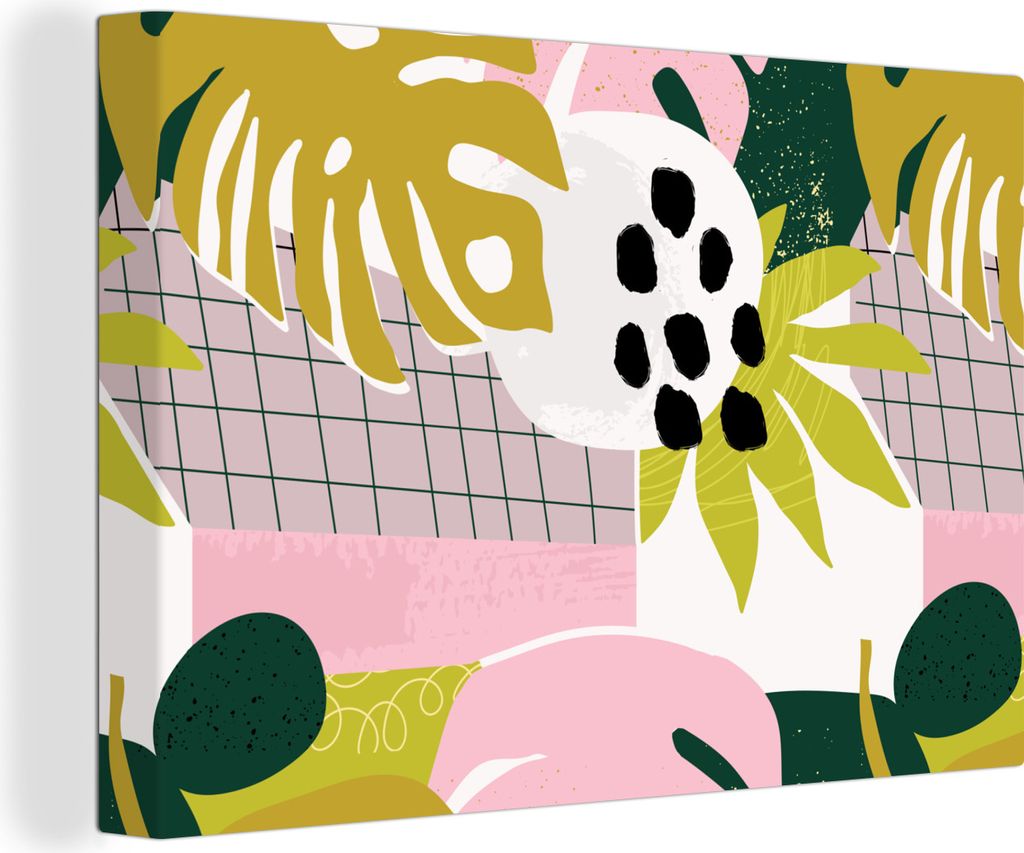 OneMillionCanvasses - Leinwandbilder - 150x100 cm, Tropische Pflanzen - Rosa - Gelb - Muster, Wandbilder Kunstdruck Wanddekoration