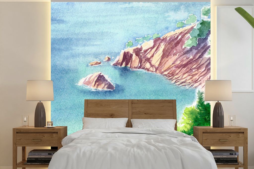 MuchoWow Fototapete für Wohnzimmer oder Schlafzimmer Wandtapete Vinyl Motivtapete Meer - Berge - Wald - 350x350 cm - Schlafzimmertapete