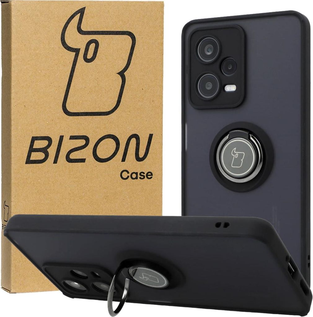Bizon Case Hybrid Ring Fingerringhülle für Xiaomi Redmi Note 12 Pro 5G, Rauch mit schwarzem Rahmen