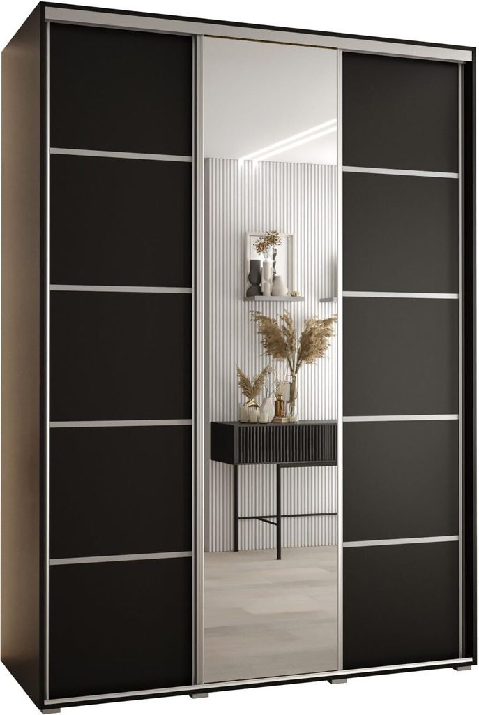 MEBLE KRYSPOL Cannes 5 Schrank mit 3 Schiebetüren - 205,2x180x60 cm - Schwarz Schwarz Silber