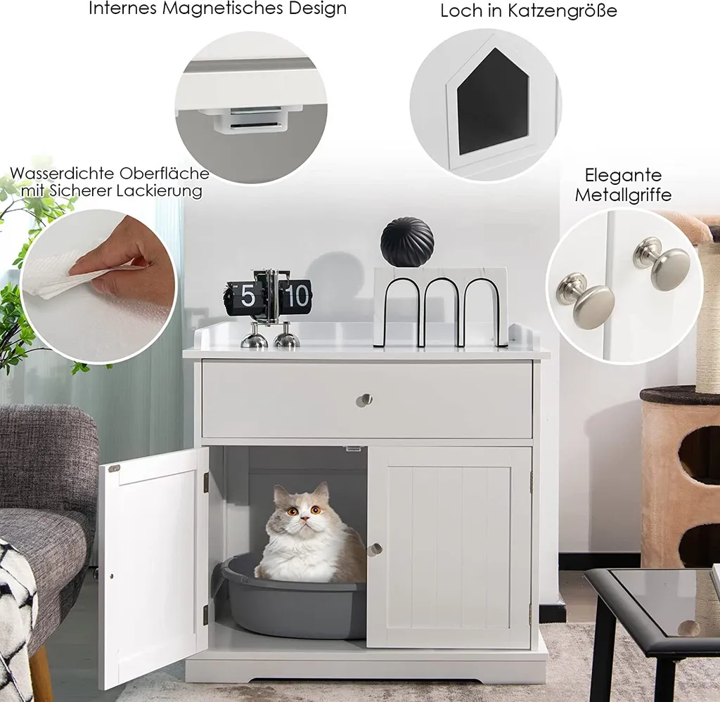 Meuble cache-litière anti-odeur pour chat avec tiroir de rangement Blanc - 4