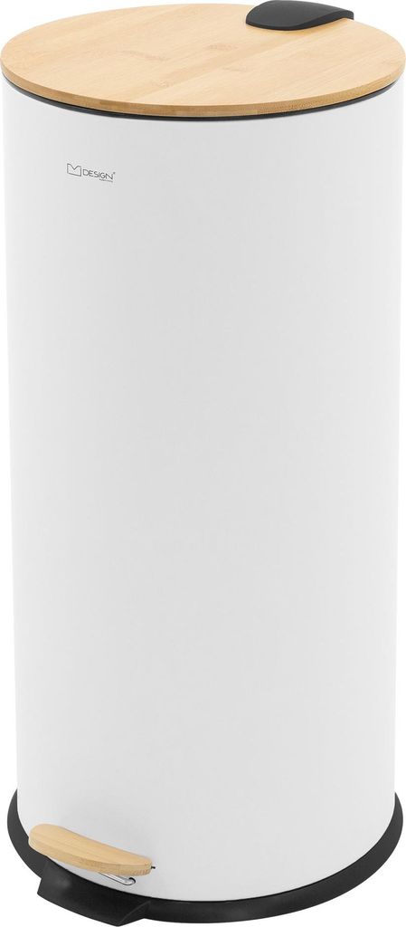 A white cylindrical trash can with a bamboo lid and a silver pedal.