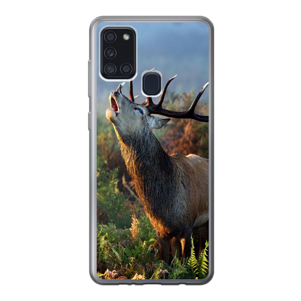 MuchoWow Handyhülle Schutzhülle Hülle für Samsung Galaxy A21s Hirsche - Wald - Nebel Silikon Softcase Handy Hülle - Hartschale