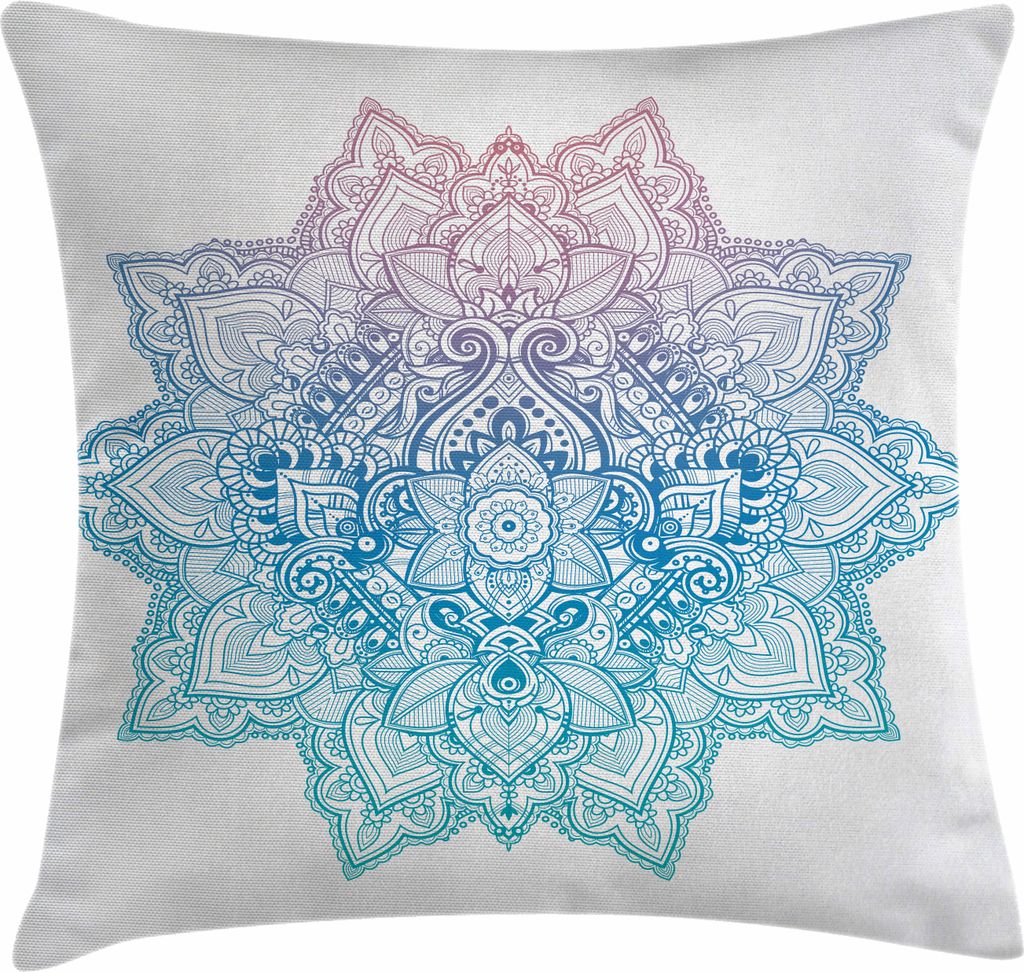 ABAKUHAUS Lotus Kissenbezug, Zentangle Stil Pastelltöne Mandala Abstrakt Blumen Design Farbverlauf Muster, 50 x 50 cm, Lila Hellblau