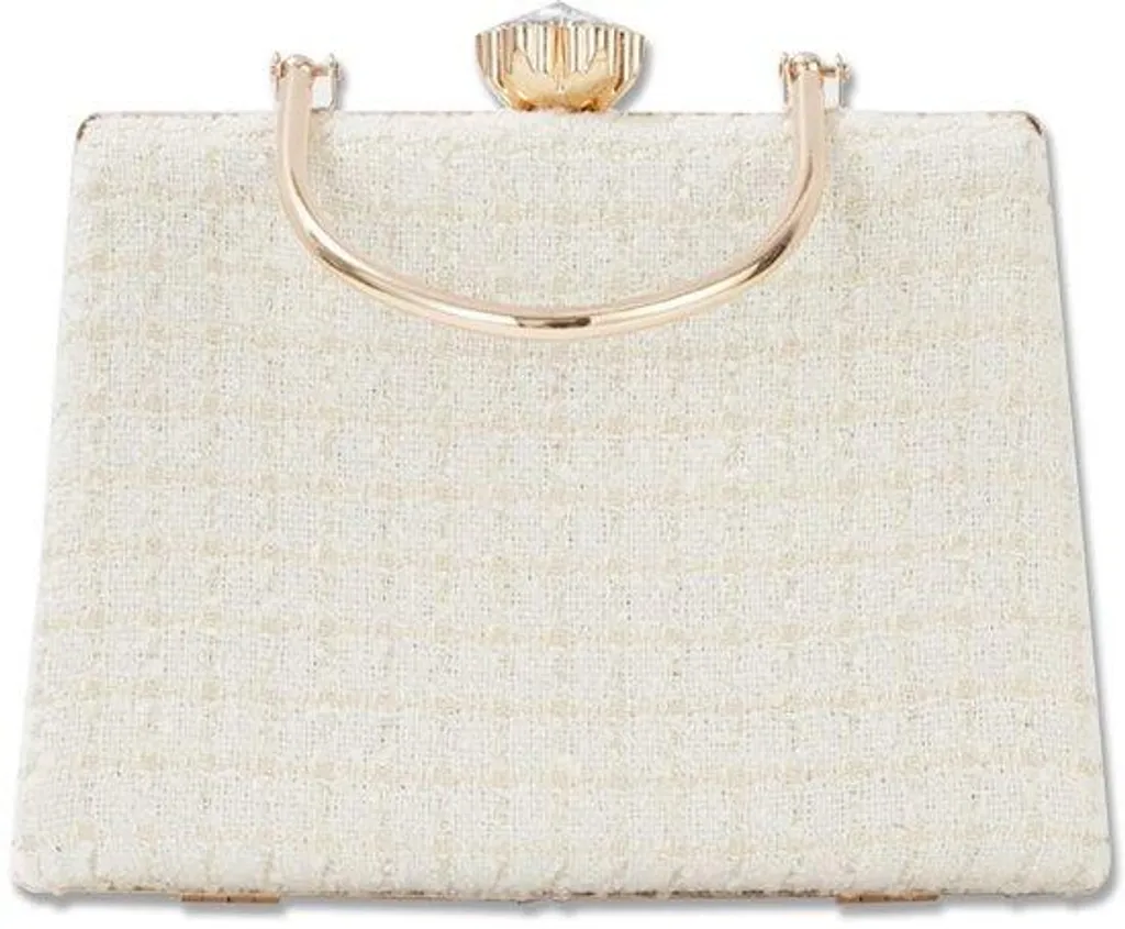 Petite pochette brillante beige avec diamants et bandoulière croisée
