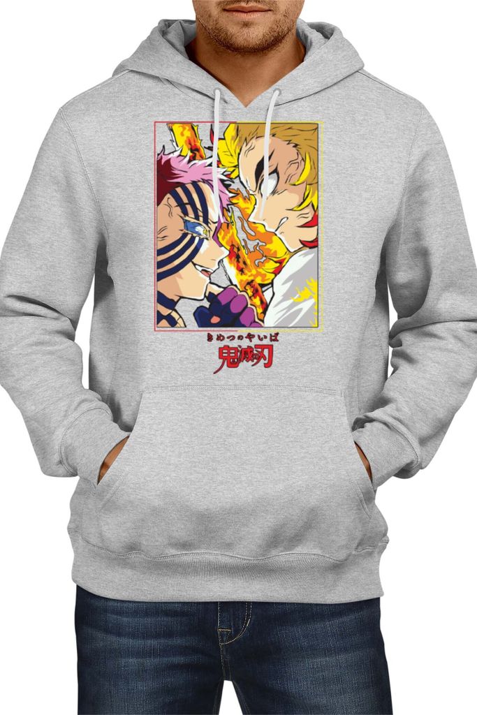 Herren Kapuzenpullover Japan Animation Manga Anime Comics Demon Anime Slayer Rengoku Vs Akaza Fight Slayer Demon, Man 2XL / Grau