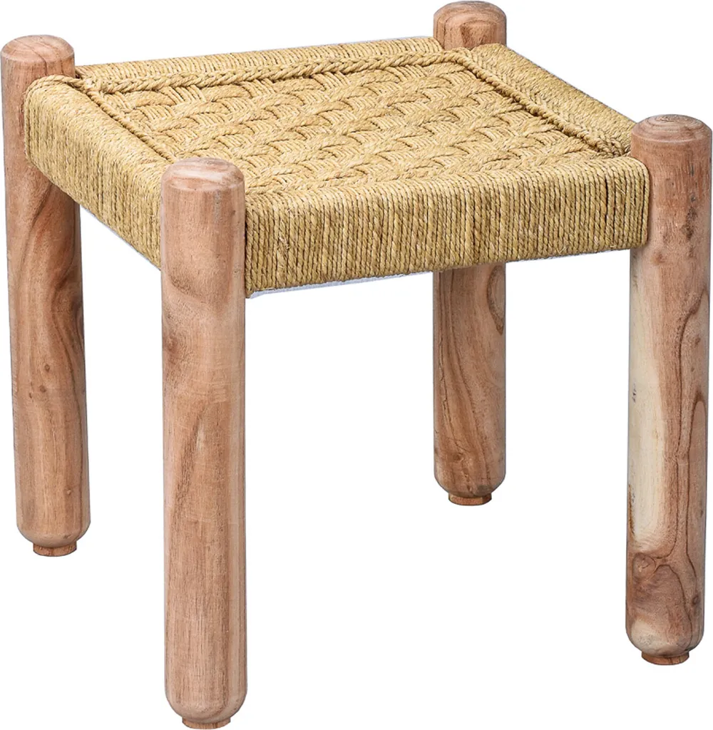 Tabouret bas Josue design bohème 36cm - Assise en bois et rotin tressé