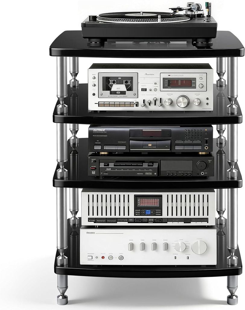 4-stufiger HiFi-Rack AV-Regal Plattenspieler Regal Aluminiumlegierung Holz Ständer Audio Video Komponenten für Audioanlage Stereoanlagen 60x52x83...