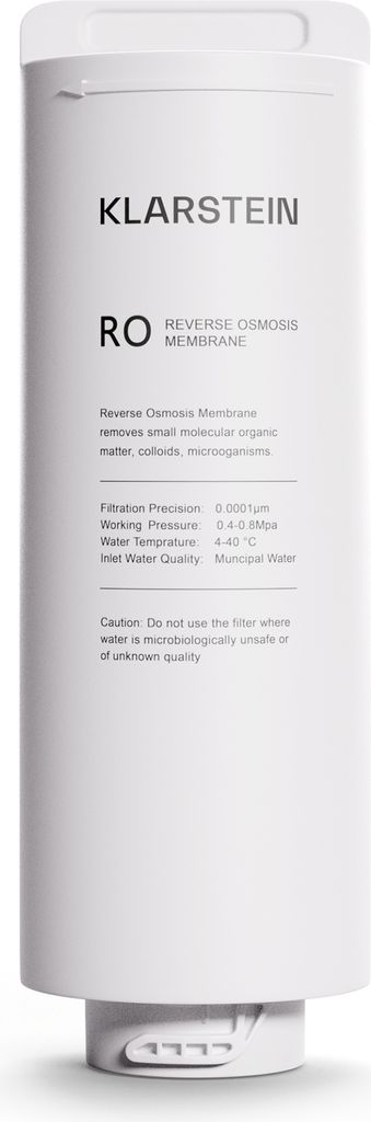 A white cylindrical water filter cartridge with text and branding.