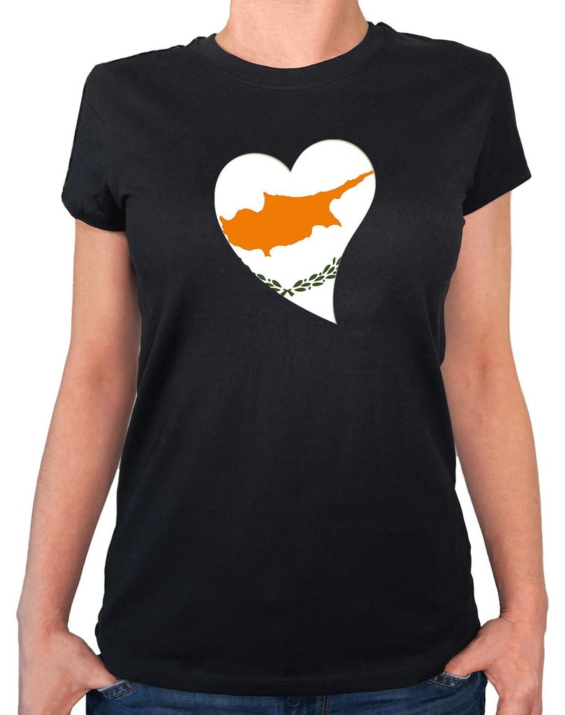 Huuraa Damen T-Shirt Zypern Flagge Herz XS Black Bio Baumwolle Fairtrade Damenshirt Geschenkidee
