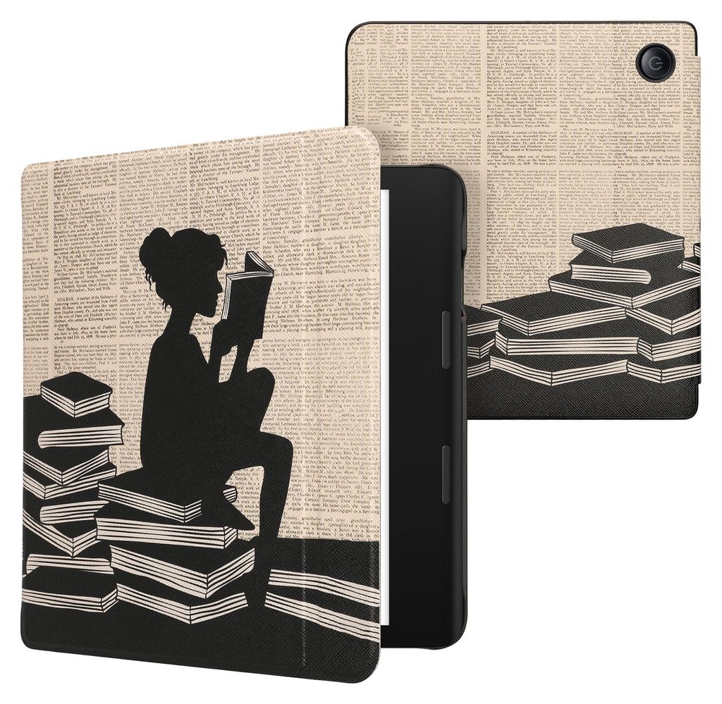 kwmobile Schutzhülle für Tolino Epos 3 Hülle - eReader Flip Case mit Auto Sleep Funktion - Lesende Frau mit Schwarz Beige