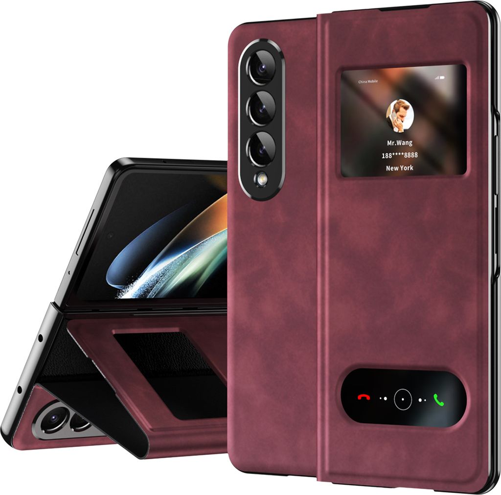 Galaxy Z Fold3 Hülle, Schlank Flip Leder View-Fenster Schutzhülle mit Standfunktion für Samsung Galaxy Z Fold 3 5G Rot
