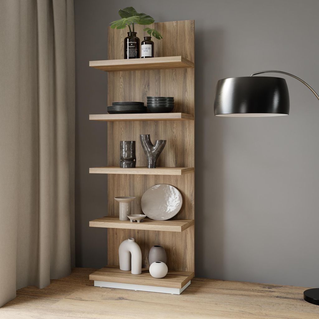 Forte LEWISVILLE Standregal 60, minimalistisches Bücherregal, Dekoregal, 5 Böden, Wohnzimmer, Holzwerkstoff, Secret Grey | Valenica Eiche Holzdek...
