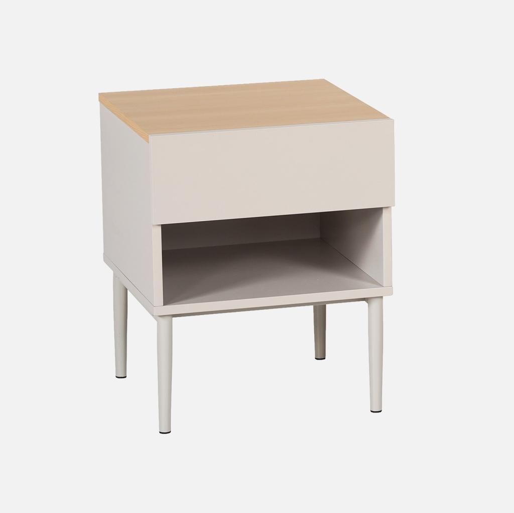sweeek - Nachttisch aus Metall mit Holzdekor, 1 Tür, 1 Fach - Beige