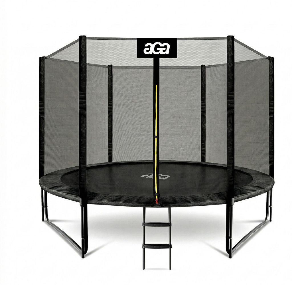 Aga SPORT PRO Trampolin 305 cm 10 ft Schwarz, Kindertrampolin, Gartentrampolin mit Sicherheitsnetz + Sicherheitsnetz + Leiter