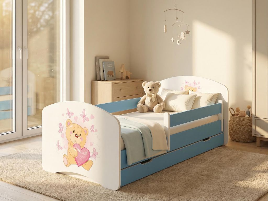 Happy Babies Kinderbett mit Rausfallschutz Junge 140x70 Bett für Kinderzimmer mit Schublade Matratze Einzelbett für Kinder Blau Bär