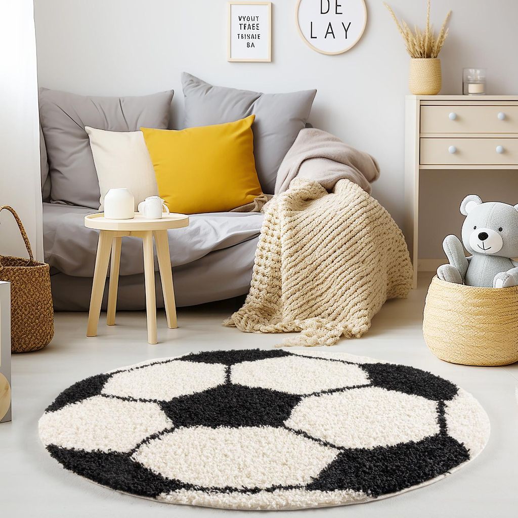 Kinderteppich Fußball Pflegeleicht Waschbar Strapazierfähig | Rund Schwarz 100x100 cm Kinderzimmer Fußbodenheizung | MATREI – Kadima Design