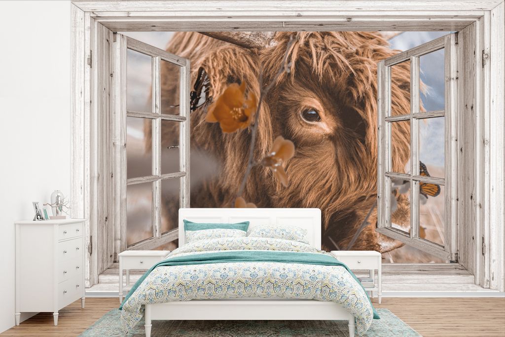 MuchoWow Fototapete für Wohnzimmer oder Schlafzimmer Wandtapete Vinyl Motivtapete Scottish Highlander - Ansicht - Insekten - 450x300 cm - Gemust...
