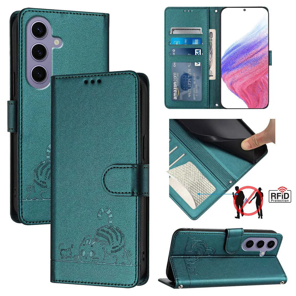 Custodia Samsung S25 Portafoglio Stand - Cover Gatto Verde Pelle