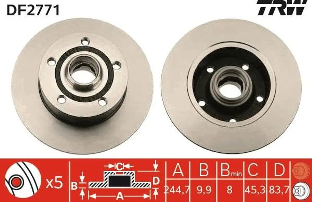 Disque de Frein TRW DF2771 OE 8DO615601B pour Audi A4 8D de Qualité