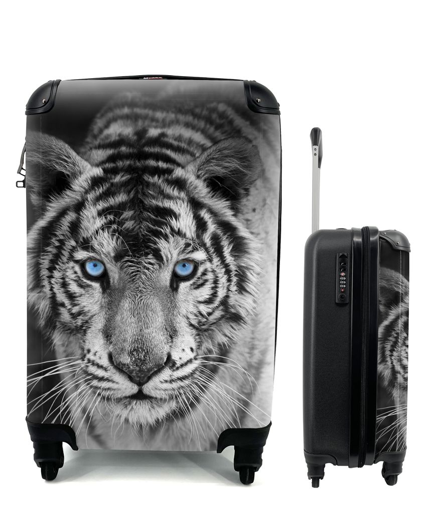 MuchoWow Koffer Handgepäck Trolley Rollkoffer Kleine Reisekoffer mit 4 Rollen - Tiere - Tiger - Schwarz und weiß - Augen - Blau - Cabin Size < ...