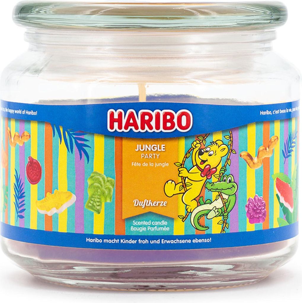 Haribo Duftkerze Jungle Party, Aromakerze im Glas, 300g, 50h Brenndauer