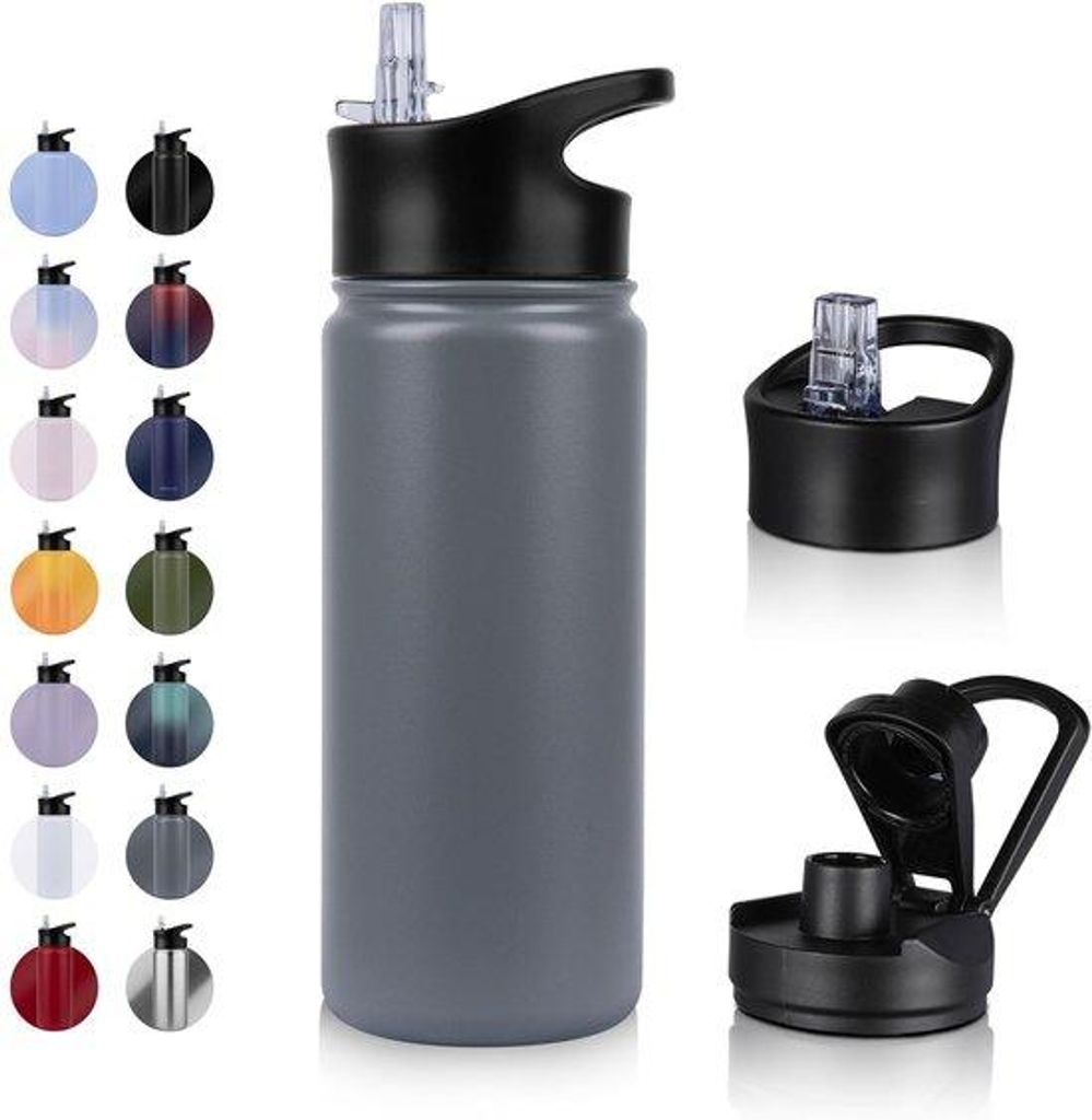 Isolierter RVS Trinkflasche - 500ml - mit Grasfeder, löslich, für Säurehaltige Getränke geeignet, BPA-freie Thermosflasche (+2 Deckel) Vakuum D...