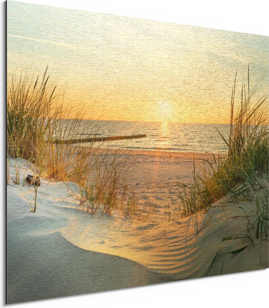 DEQORI Alu-Dibond Bild Gold 80x60 cm 'Abendsonne an der Ostsee' Wandbild Metall dünn