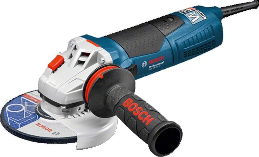 A Bosch angle grinder is shown on a white background.